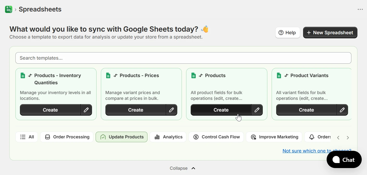 Home page showing the Products template with Update Products category selected