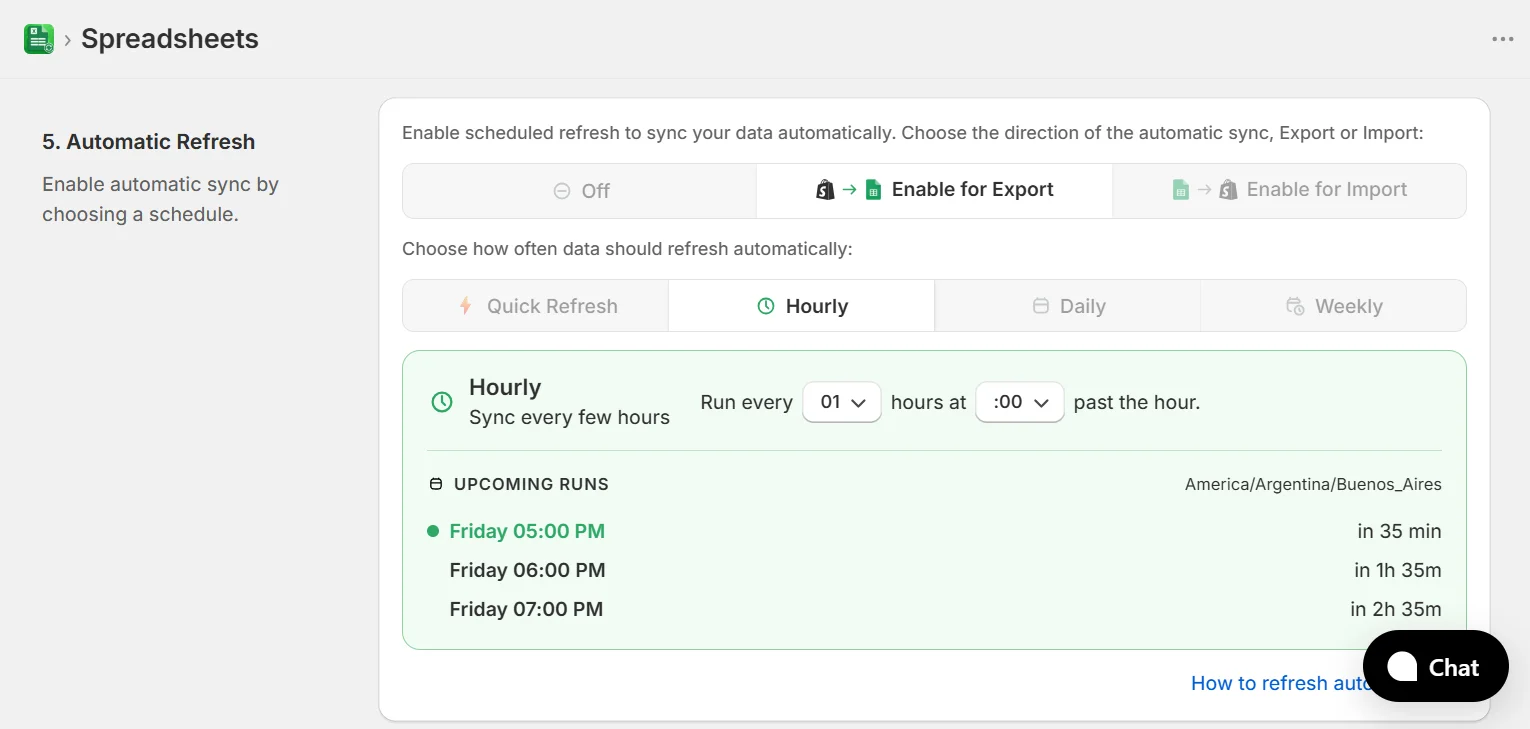 Refresh Schedule step showing automatic refresh on export selected