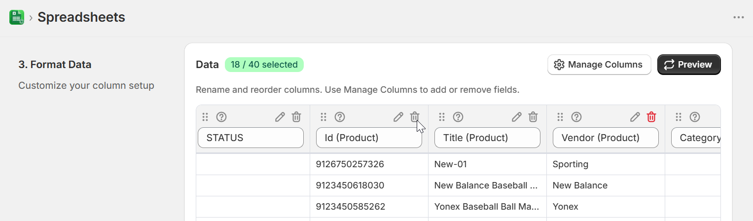 Format Data step showing required columns with disabled delete icons