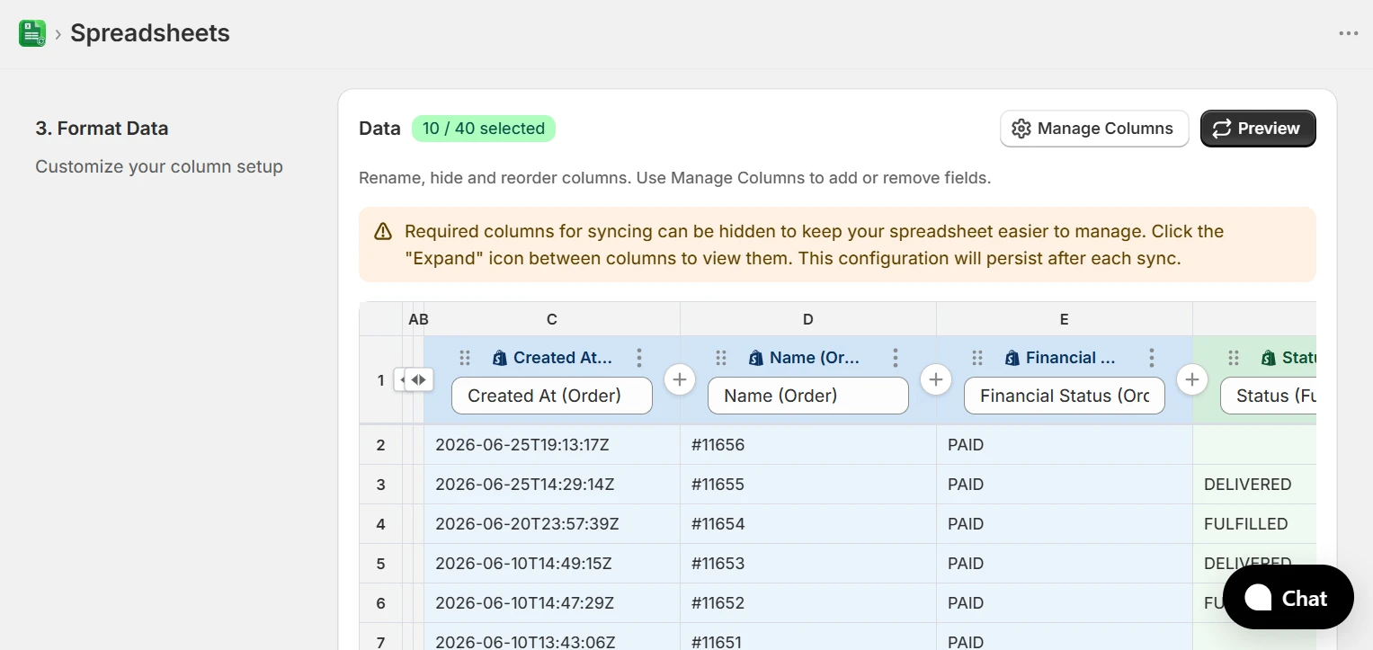Format Data step showing order and fulfillment columns