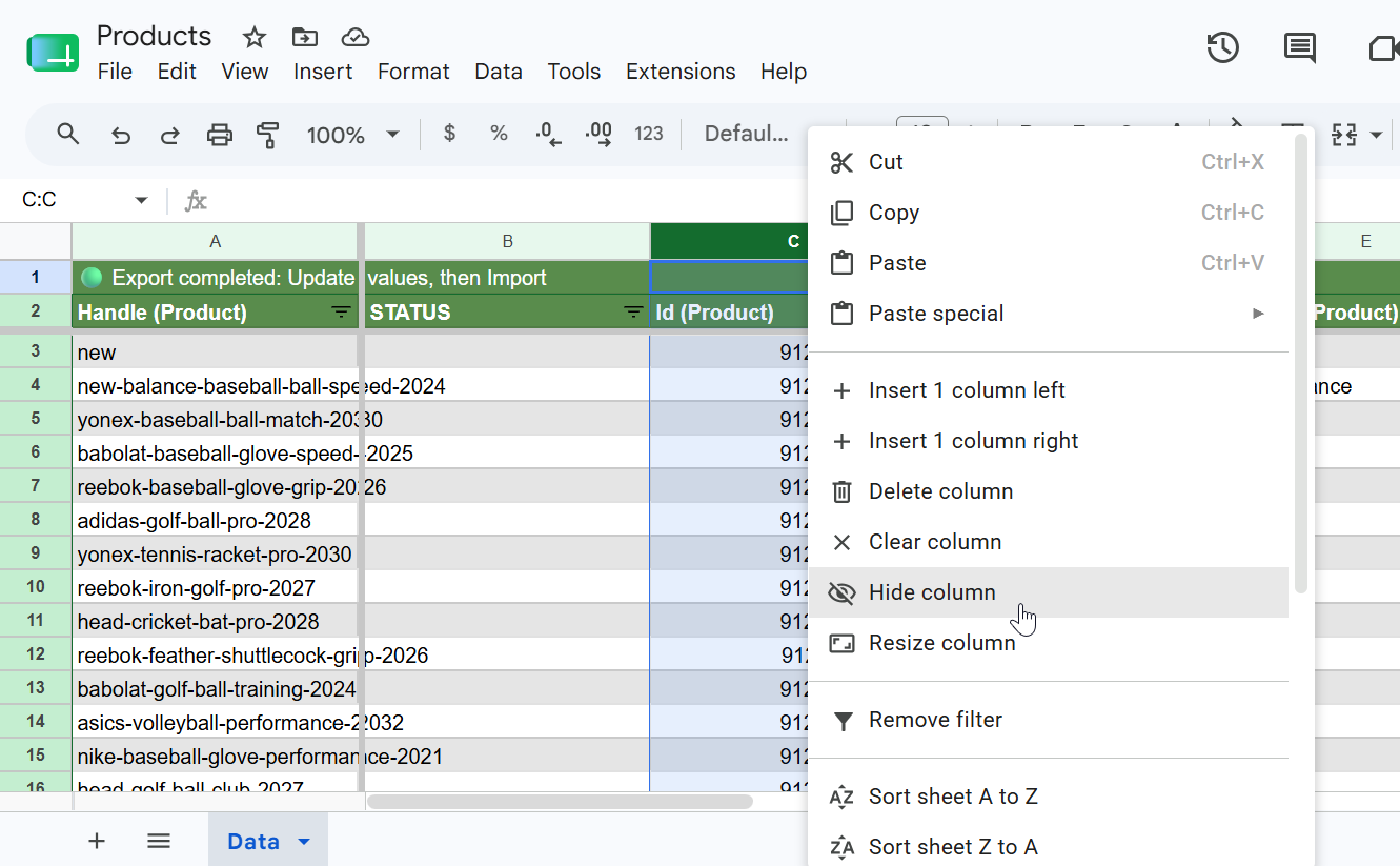 Google Sheet showing exported products data with context menu open and Hide column highlighted
