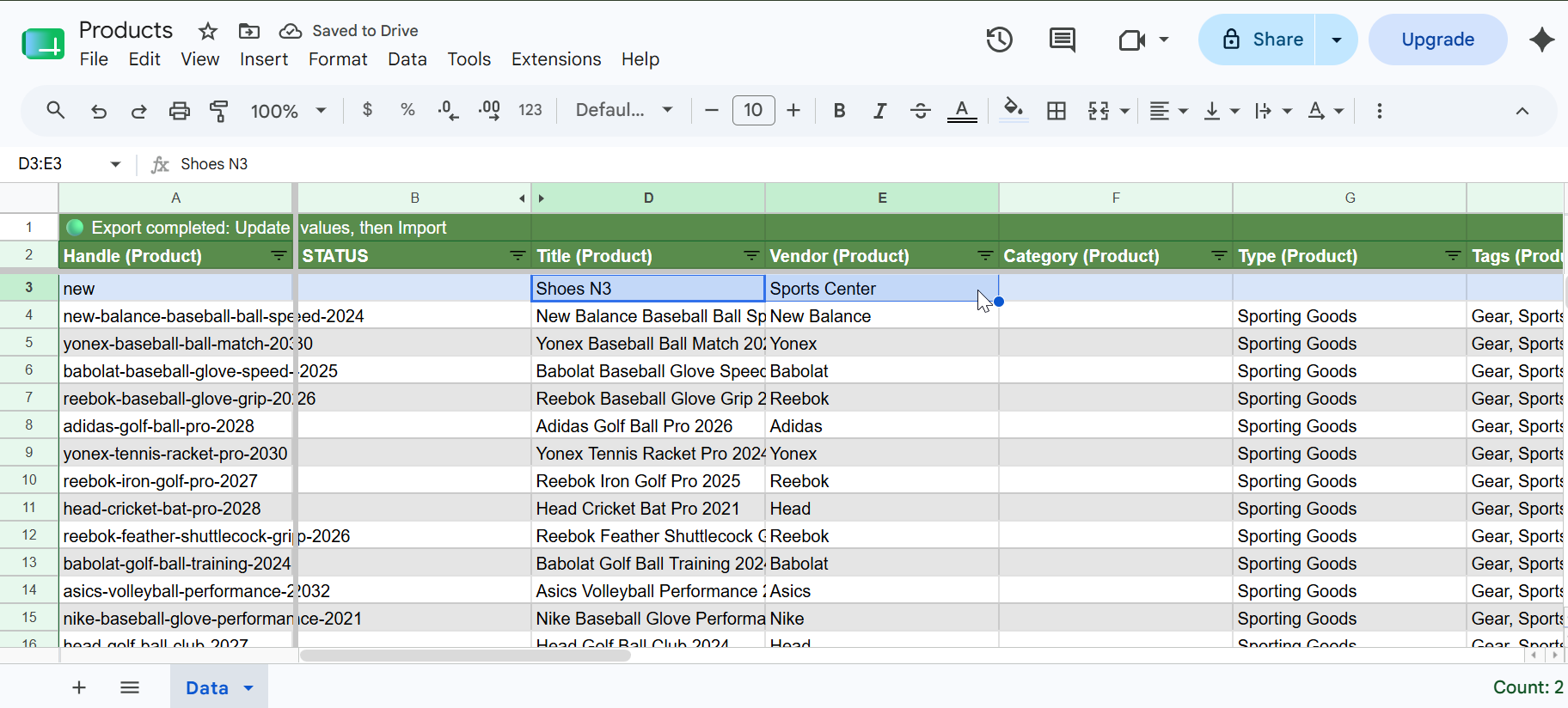 Google Sheet with Title changed to Shoes N3 and Vendor to Sports Center for the first product row