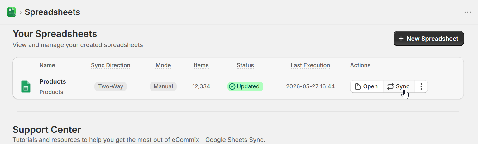eCommix Spreadsheets page with the Sync button highlighted on the Products spreadsheet