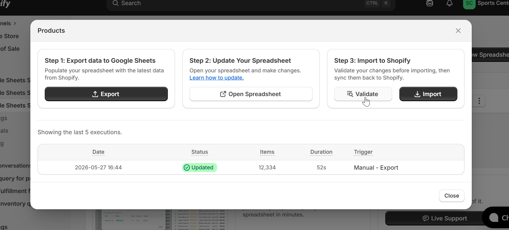 Sync modal showing Export, Open Spreadsheet, Validate, and Import buttons with Validate being clicked