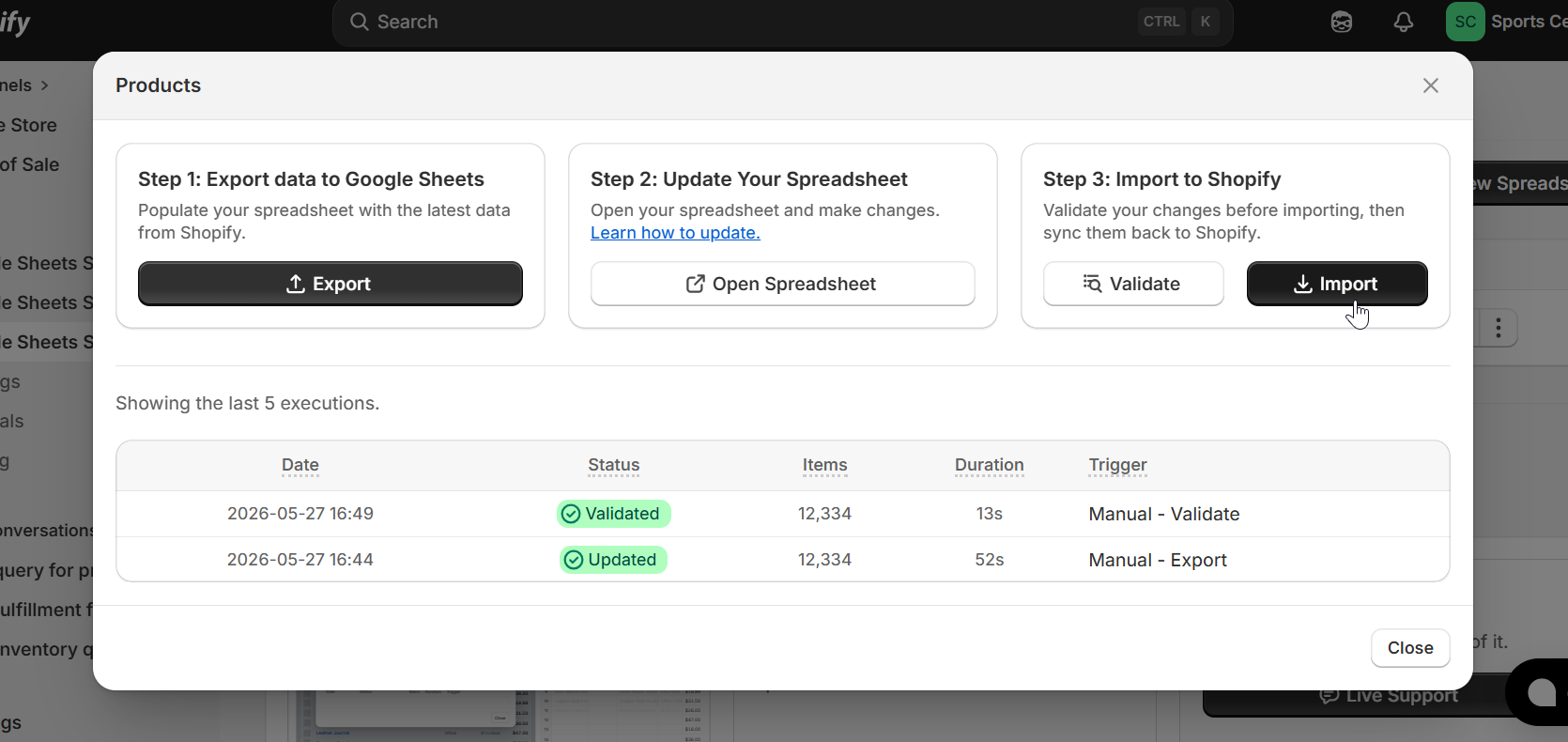 Sync modal with Import button being clicked and Validated run visible in execution history