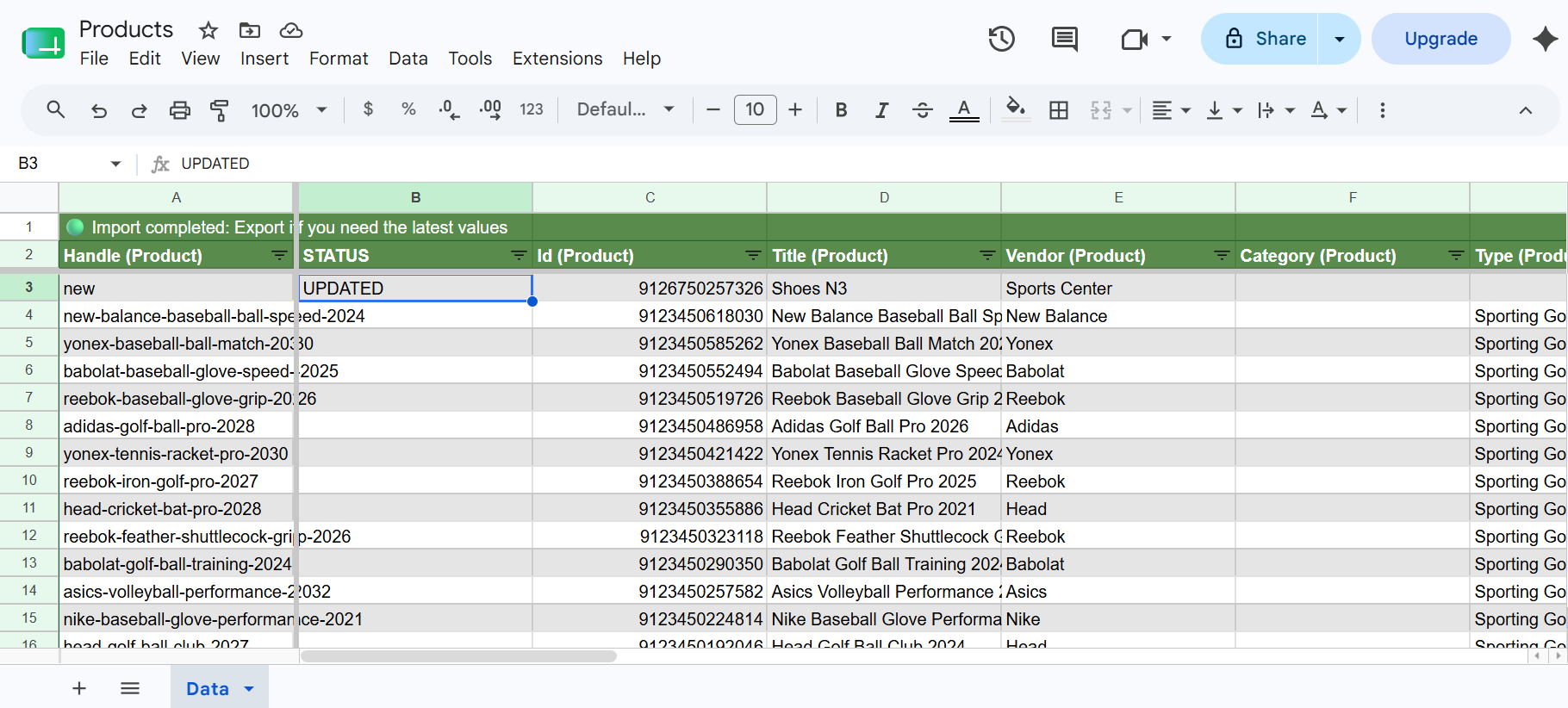 Google Sheet with STATUS column showing UPDATED for the first product row after import