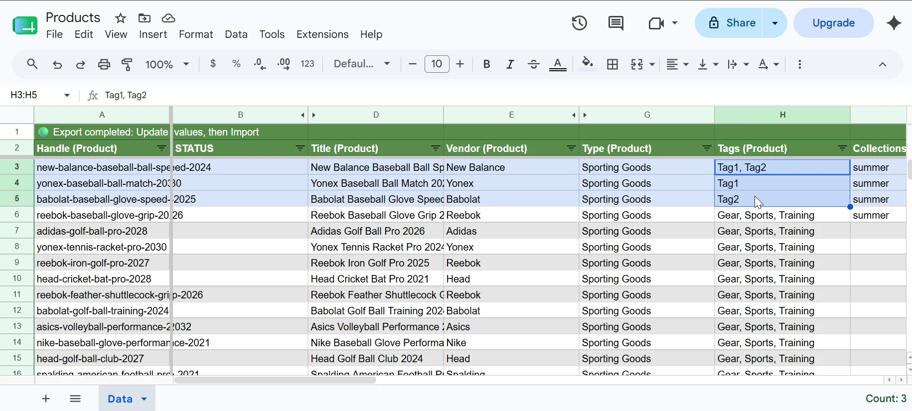Google Sheet showing Products spreadsheet with Title, Vendor, Type, Tags and Collections columns edited