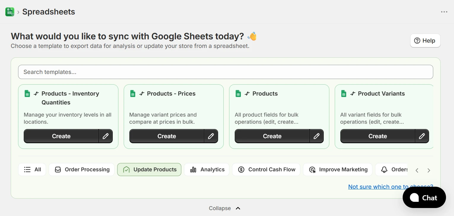 Home page showing the Product Variants template with Update Products category selected